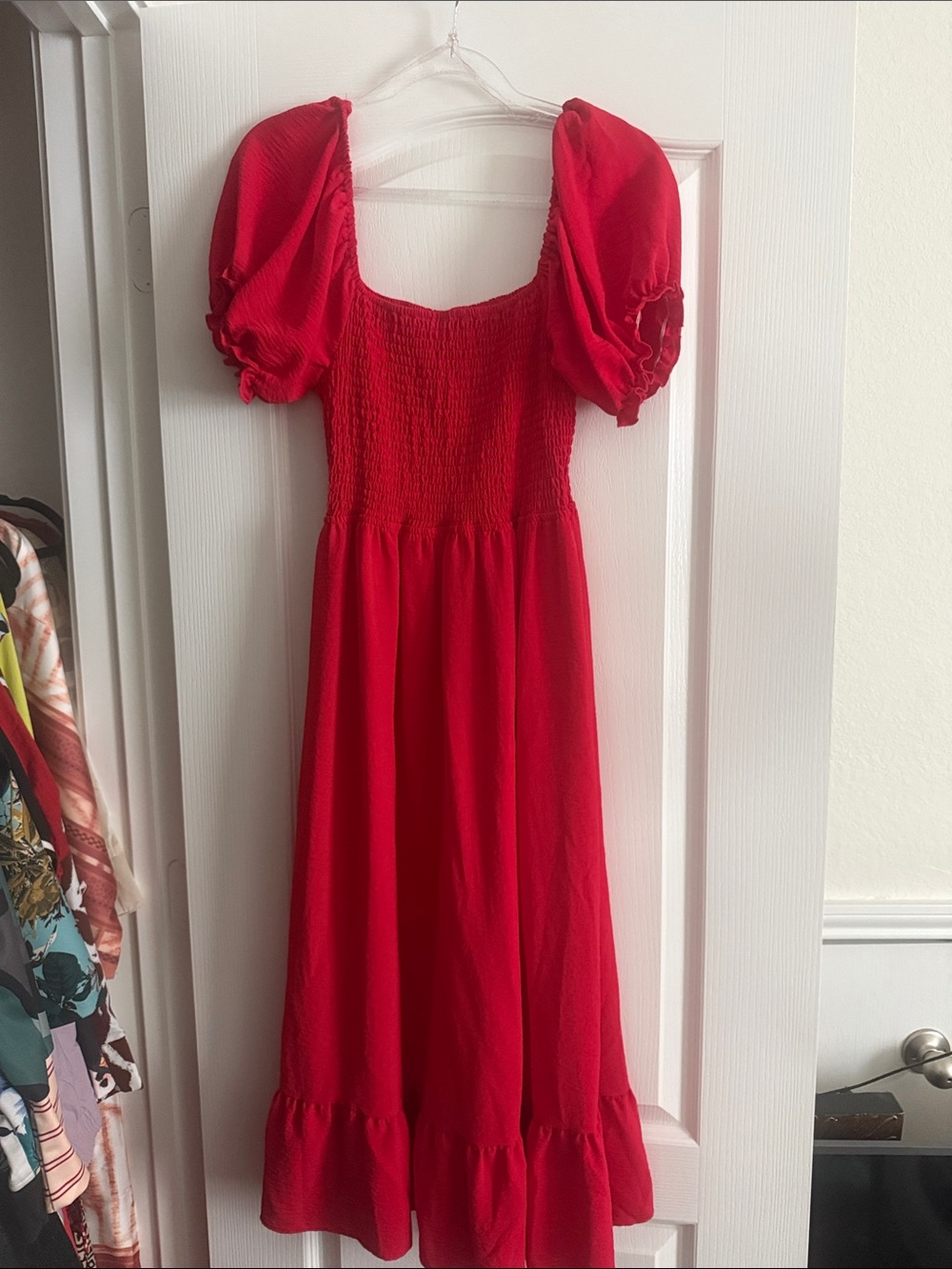 Red Puff-Sleeve Midi Dress